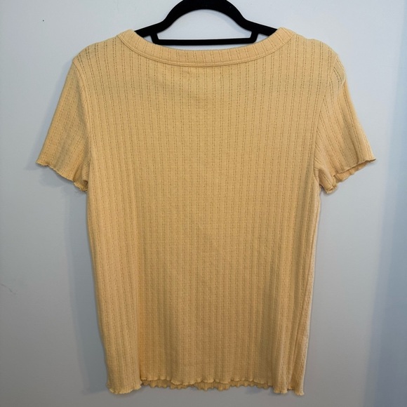 AE Yellow Button V Neck Ruffle Edge Sweater Top Pointelle L - Picture 5 of 9
